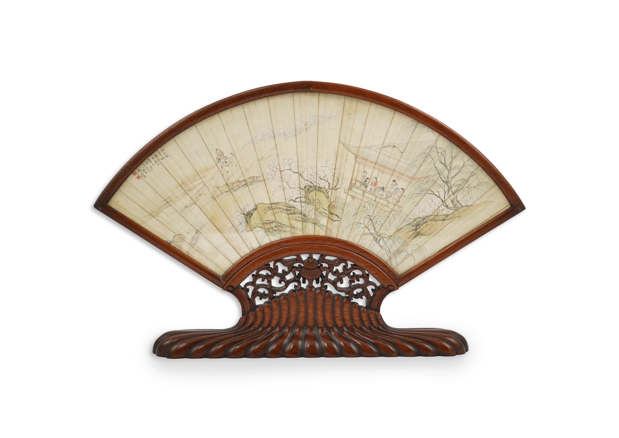 A Chinese painted leaf fan and hardwood stand, late 19th century
